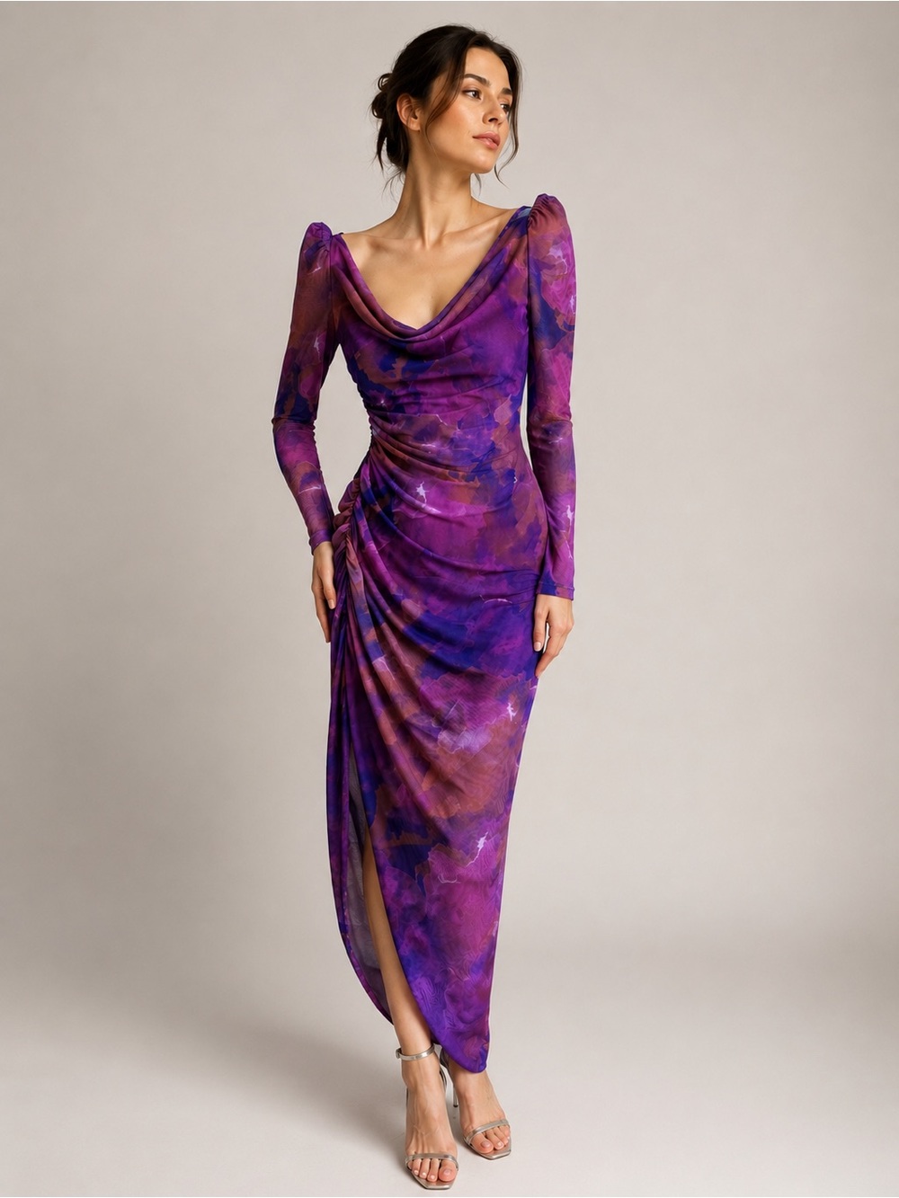 Purple Draped Long Sleeve Midi Dress